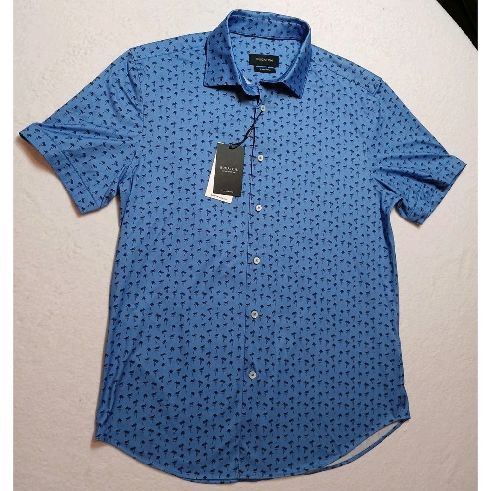 NWT Bugatchi Miles Shirt Mens Medium Blue Palm Tree OoohCotton 8-Way Stretch